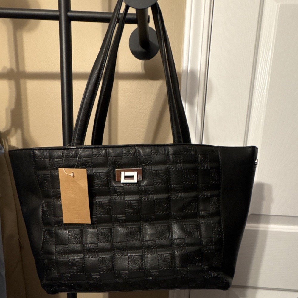Steve Madden Black Quilted Logo Tote Coin Purse Double Handles Women's Large